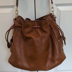 New Cole Haan brown pebble leather drawstring handbag